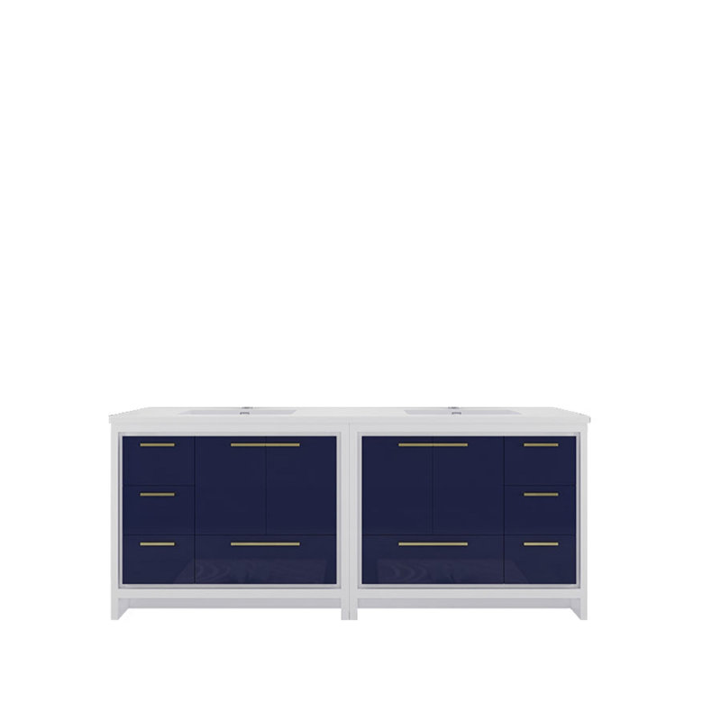 84" Double Sink Bathroom Vanity Set, Gloss White/Blue
