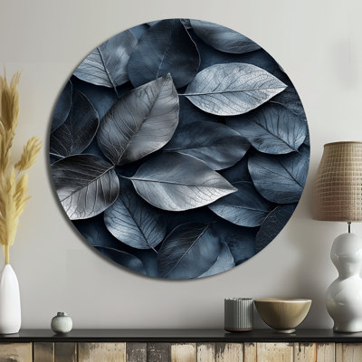 Justinia - Traditional Gray Metal Art Print, Leaves Round Metal Wall Art