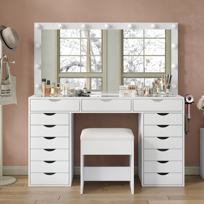 Dressing Table with LED Mirror, 15 Drawers, Power Outlet, Glass Top, 3 Lighting Modes, Stool