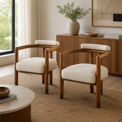 Ensemble de 2 chaises de salle à manger d'appoint en bois d'hévéa brun foncé, revêtement en tissu beige, accoudoirs incurvés et dossier rembourré, design moderne du milieu du siècle, 63,5 cm de large, pour salon, chambre et salle à manger.
