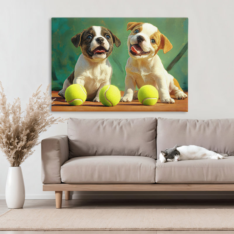 Adorable chiots avec des balles de tennis, toile par Imagine It Images, H 30 po x l 45 po