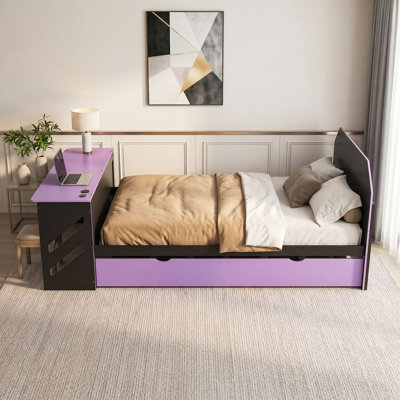 Full Wooden Daybed with Trundle, Desk, USB Port and Slats