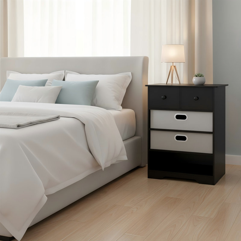 Commode 4 tiroirs, table de chevet multifonctionnelle autoportante avec tablettes ouvertes, rangement de coffre moderne avec ensembles anti-basculement