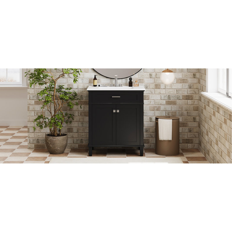 Meuble-lavabo élégant avec lavabo en céramique et tablettes réglables, idéal pour les petits espaces, Noir, noir, noir, noir