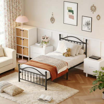 Structure de lit en métal avec tête de lit circulaire rétro et pied de lit pour la chambre à coucher, aucun sommier nécessaire