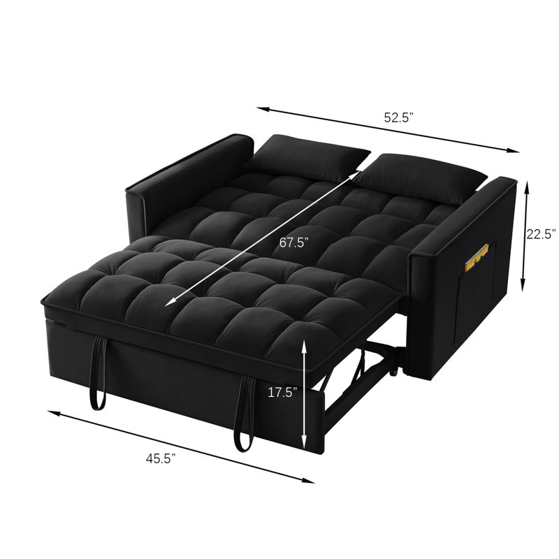 Convertible Sofa Bed with Arm Storage Pockets, Black Velvet