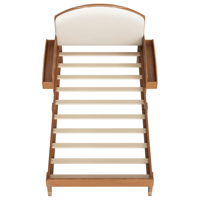 Structure simple en bois rembourré avec tête de lit arquée et tablettes de rangement latérales, Noyer