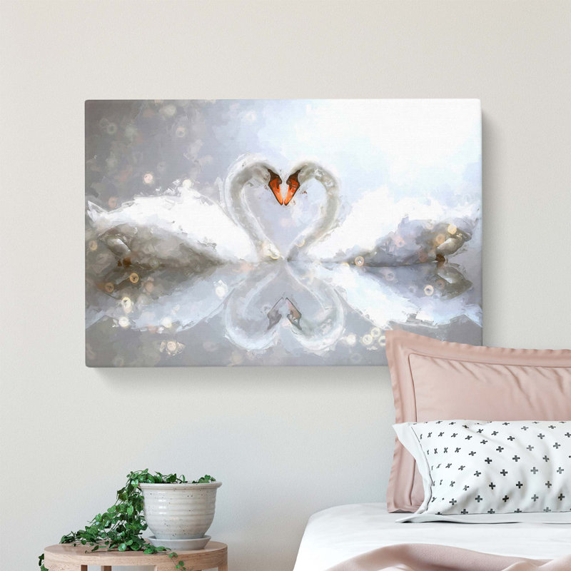 Swans Forming A Love Heart In Abstract - Wrapped Canvas Painting, 40 cm H x 60 cm W