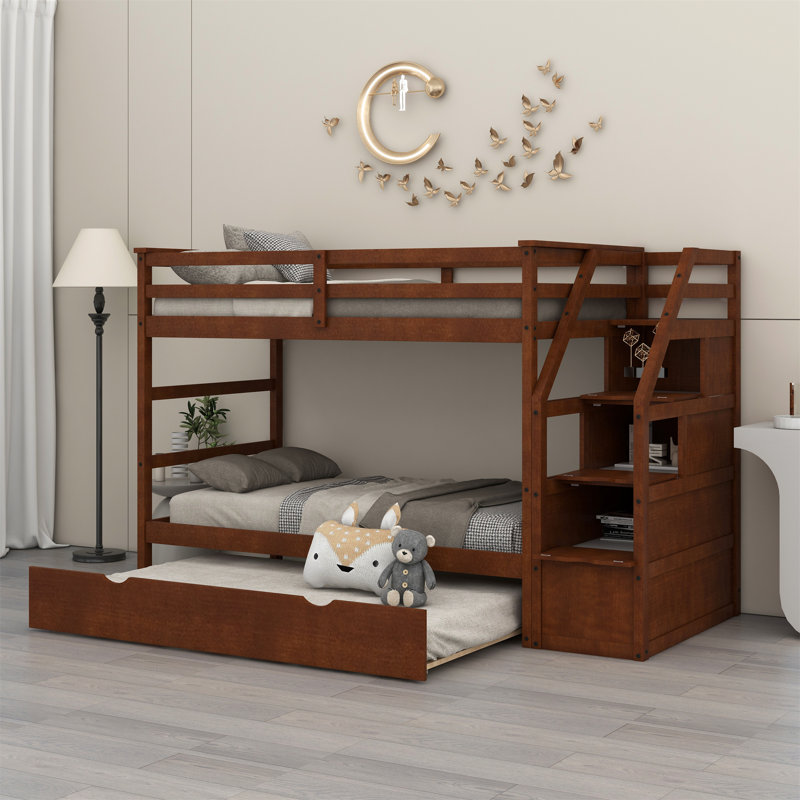 Janyll Solid Wood Twin Over Twin Bunk Bed with Built-In Stairs , Trundle Bed Included, Walnut
