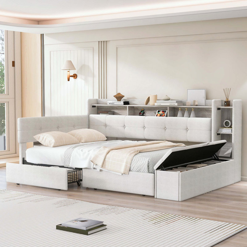 Lit de jour double rembourré avec rangement et charge USB, Double, Beige, Tiroirs; rangement au pied de lit; tablettes