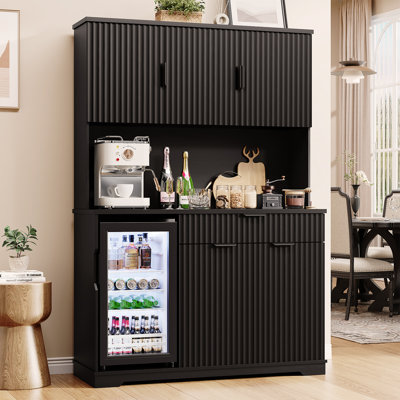69" Fluted Wine Bar Cabinet With Storage Hutch, Modern Mini Fridge Cabinet With Glasses Holder & 9 Grid Wine Rack, Coffee Bar Cabinet With Drawers For
