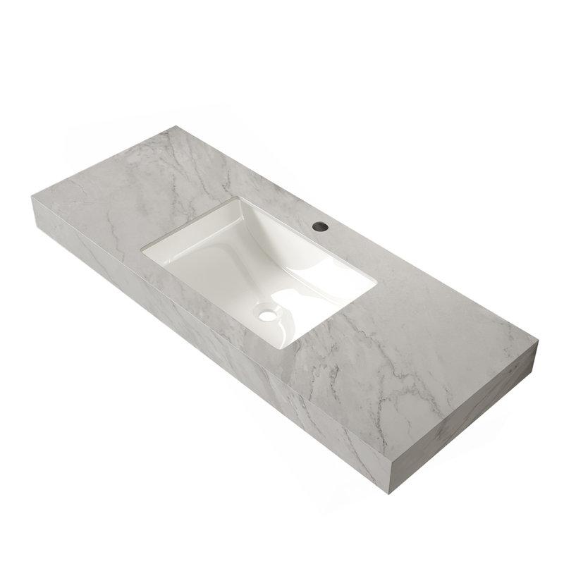 Vasque en céramique à poser et à encastrer de 48 pouces en pierre frittée veinée gris Carrara avec 1 trou de robinet standard pré-percé, SANS meuble, SANS robinet ni couvercle de lavabo, Convient pour LULA, EIDEN, FINO, MURI, TILLEY, etc.