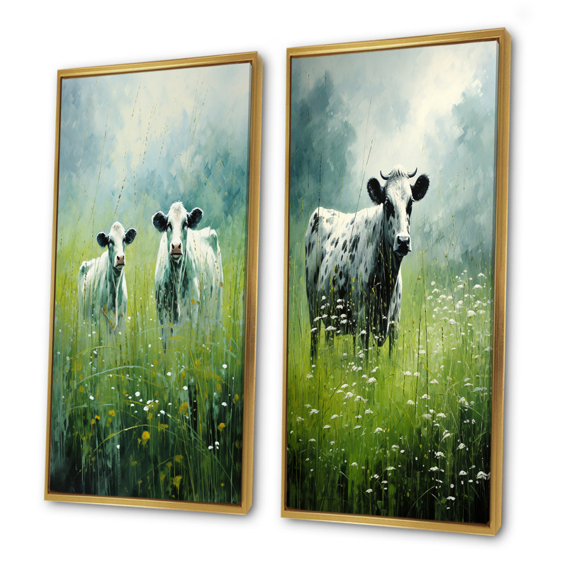 Vache dans les pâturages verdoyants - Ensemble de 2 décorations murales de vache, Encadrement doré, H 28 po x l 25 po