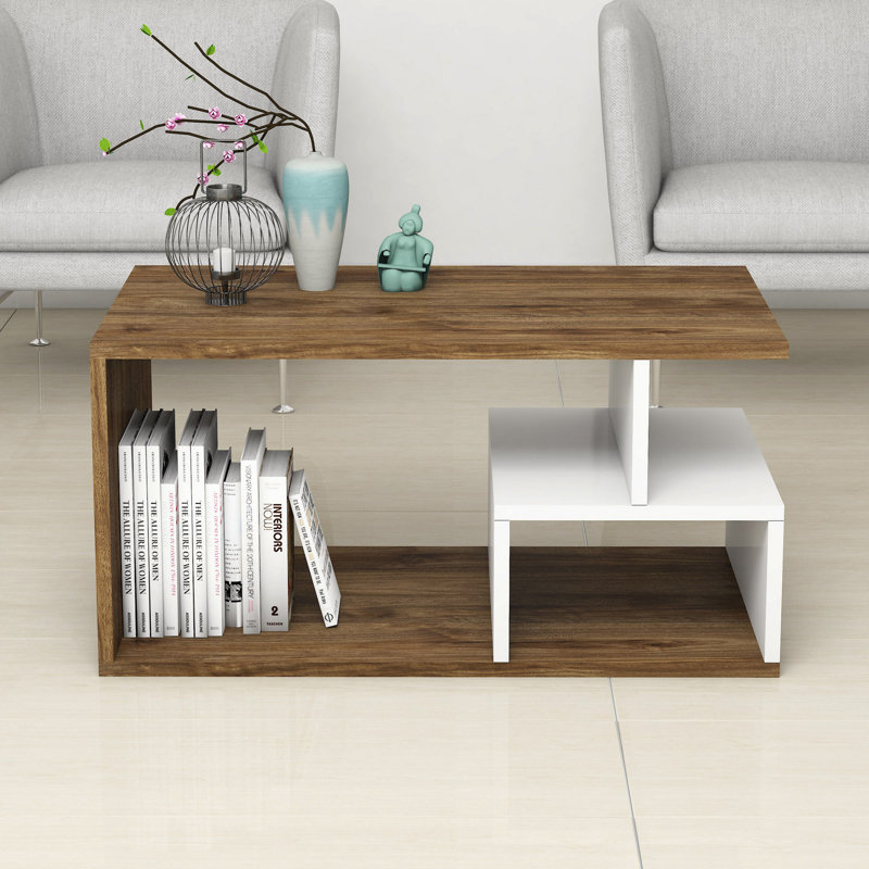 Modern Coffee Table with Numerous Shelves, Dark Walnut, 35.4 x 16.5 x 16.5 inches | 100% Melamine Coated Particle Board, Thickness: 0.7 inches | Wall-Mountable Design, Stylish & Functional for Living Spaces