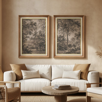 Sepia Forest Drawing Vintage Sketch - Set of 2 Premium Framed Wall Art Print on Paper 26"x36"