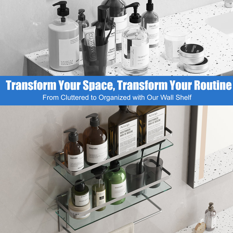 2-tier Tempered Glass Shelves - 15.7 Inch Wall-mounted With Towel Rack, Rustproof Frame, Silver