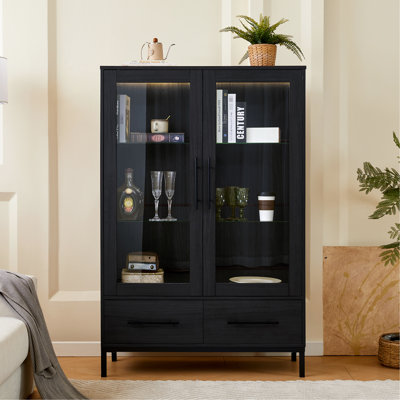 60'' Tall Display Cabinet With Led Lighting, Two Drawers, Tempered Glass Door, Black For Study Area Door Study, Design
