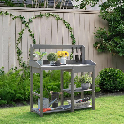 Tamiya Polystyrene Potting Bench Outdoor Garden Potting Tables with Stainless Steel Sink and Open Shelving Design