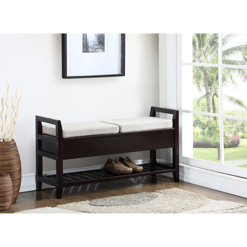 Banc à chaussures avec revêtement beige et options de rangement pour tablette