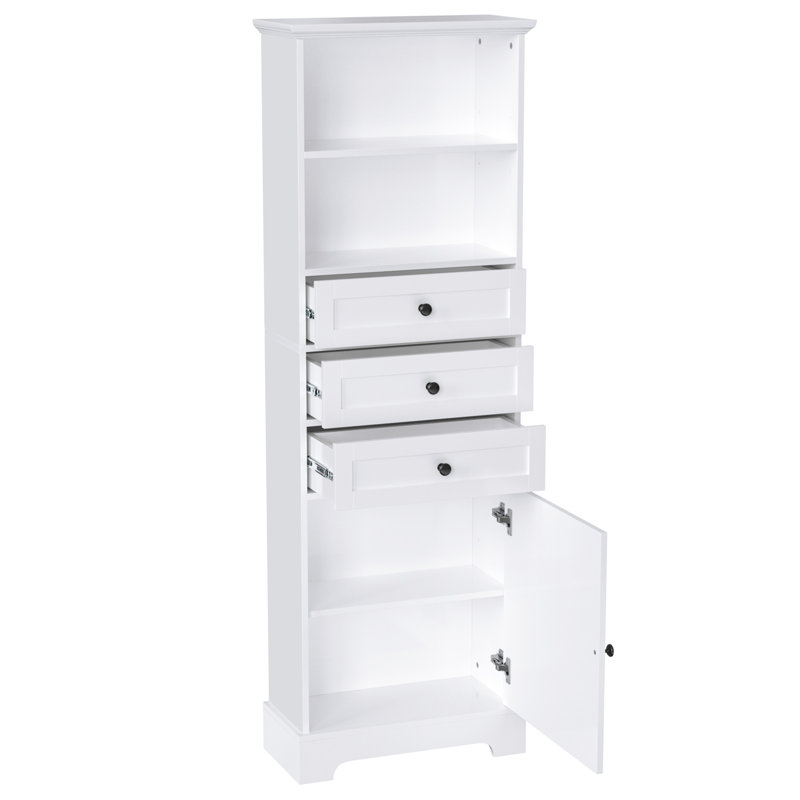 White Tall Storage Cabinet With 3 Drawers And Adjustable Shelves For Bathroom, Study, Office And Interior, MDF Board With Painted Finish