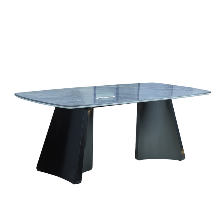 Luxury Rectangle Dining Table - Snow Mountain Durable Stone Surface with Gunmetal Base