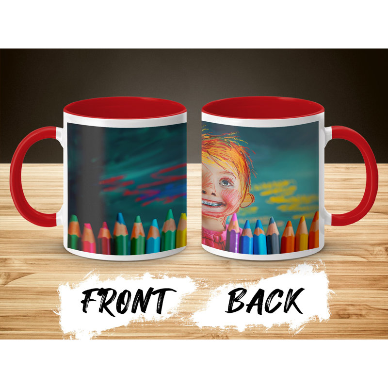 Kids Drawing Style 11oz Accent Mugs – Ceramic Coffee Cup with a Red Handle and Interior