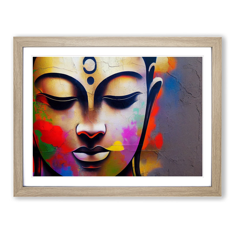 XH1022-6565X Paint Drip Buddha Vol.2 1 Piece Single Picture Frame Wall Art, 46cm H x 64cm W x 2cm D, Oak