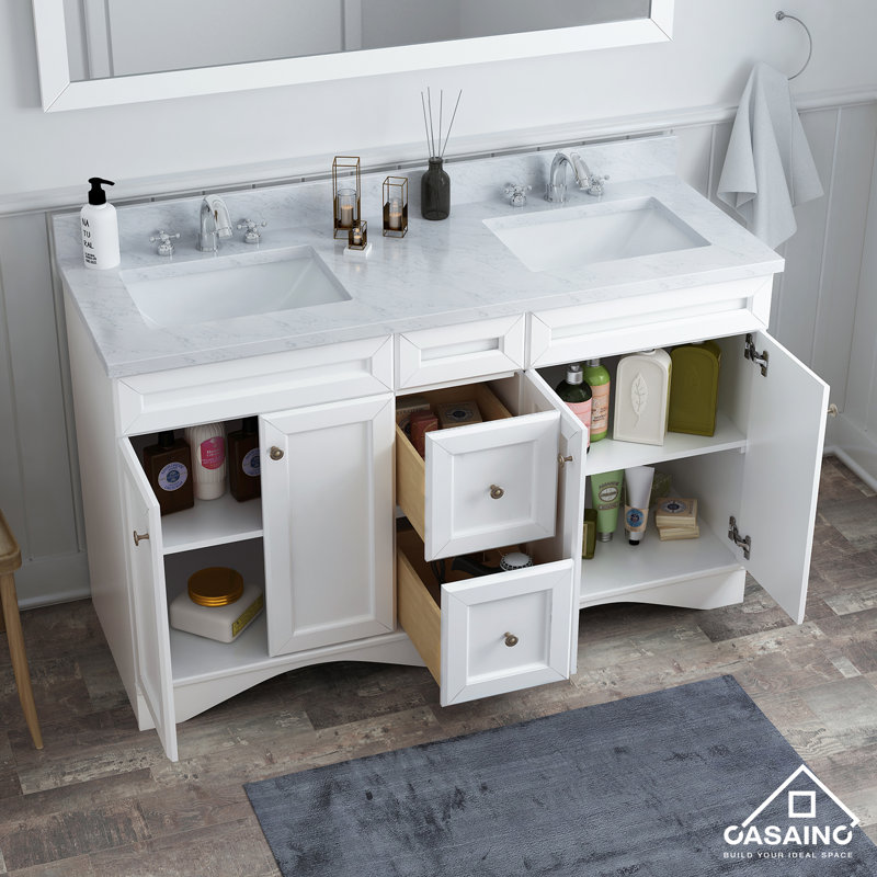 Chamiya 60'' Double Bathroom Vanity with Carrara Marble Top, White