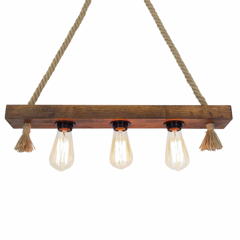 Lustre rustique fait à la main, pin massif avec corde de jute, 23,6 po x 23,6 po x 3,9 po | 3 x douilles E27 (40 W maximum) | Couleur noyer, design moderne et novateur, parfait pour la salle à manger et les espaces de vie, classé IP20
