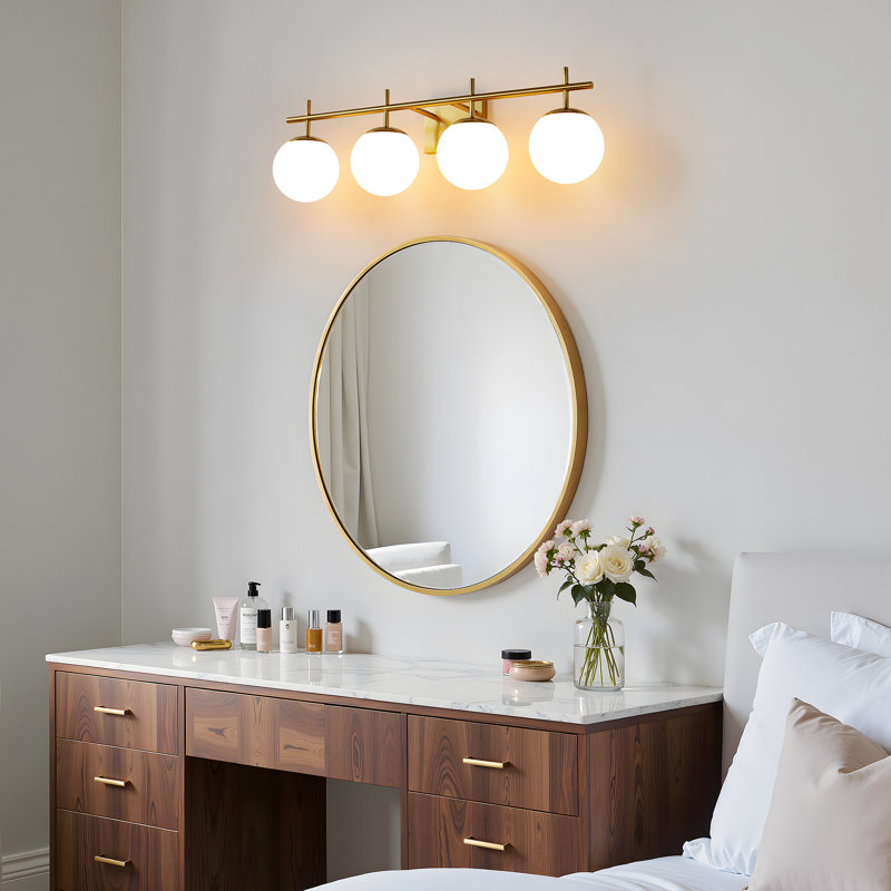 Éclairage de salle de bain à intensité variable 4 lumières 30,7 po avec abat-jour en verre givré, Doré