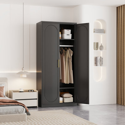 Metal Armoire Wardrobe Closet with 2 Doors, Tall Wardrobe Cabinet with Hanging Rod and Adjustable Shelves, White Clothing Storage Cabinets for Bedroom by Ebern Designs