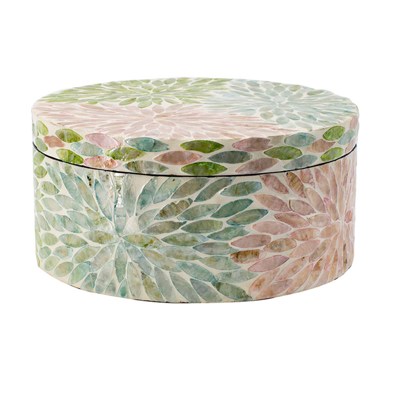D10x5" Round Capiz Shell Storage Box With Floral Pattern - Pink/green/blue