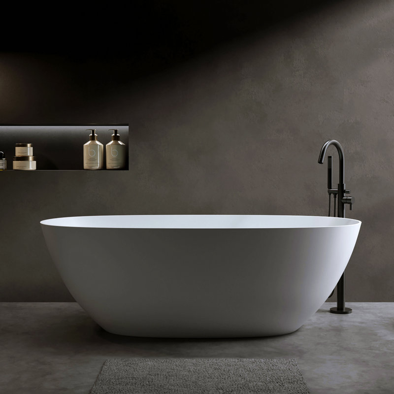 57″Solid Surface Matte Tub, Solid Surface Soaking Tub, Stone Resin Freestanding Bathtub, Thick Edge Stand Alone Tubs With Overflow, Pop-Up Drain, Matte White (Oval)