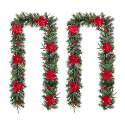 Set of 2  9ft Pre-Lit Greenery Pine Poinsettia and Red Berries Christmas Garland, with 70 Warm White Lights and Timer, Three Function