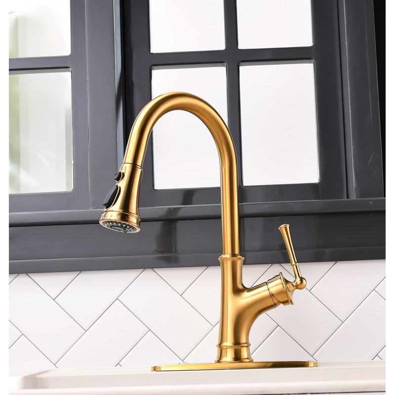 Pull Down Single Handle Kitchen Faucet with Sprayer and Deck Plate, Brushed Gold