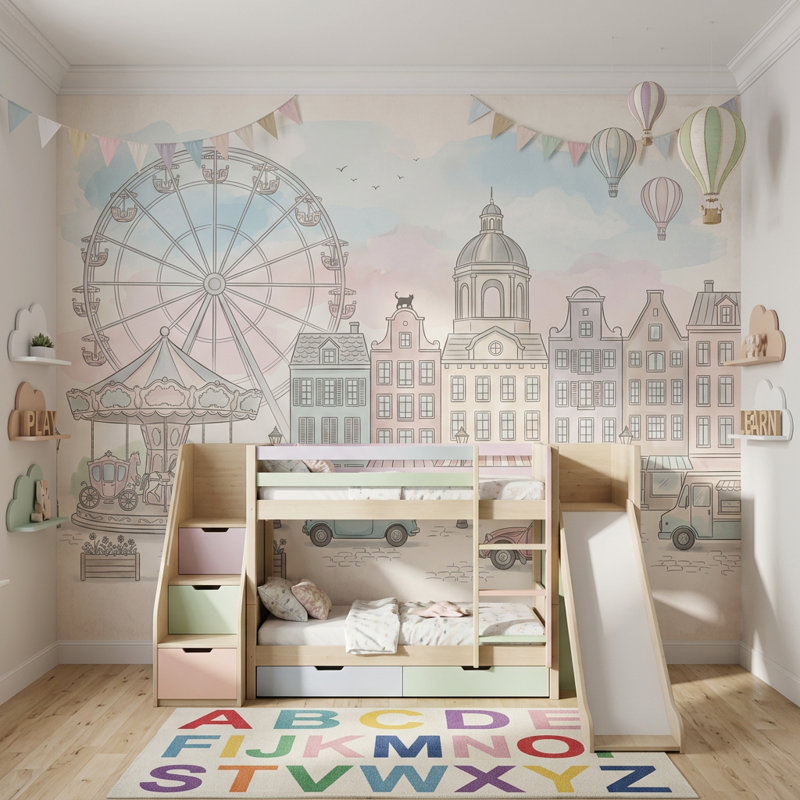 Décoration murale européenne paysage urbain grande roue, 200 po x 120 po, Non tissé