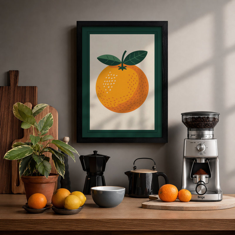 Orange With Leaves Botanical - Print, Black, A4 - 29.7 x 21.0 cm