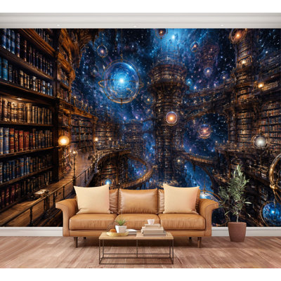 Murale Papier peint auto-adhésif, bibliothèque flottante et surréaliste, bibliothèque flottante Galaxy, papier autocollant amovible, décoration murale pour salon