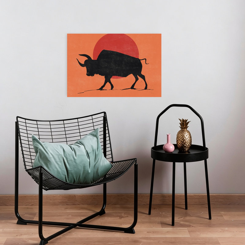 «Black Bull Sunset», impression abstraite minimaliste audacieuse, bison bull, paysage, nature, 16" H x 24" W