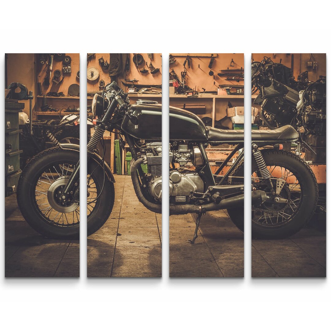 4-tlg. Leinwandbilder-Set Cafe Racer Motorrad in Garage