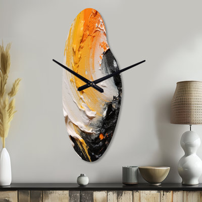 Orange and Black Mystic Spirals III - Abstract Spirals Asymmetrical Metal Wall Clock, Modern Curved Wall Clock Print