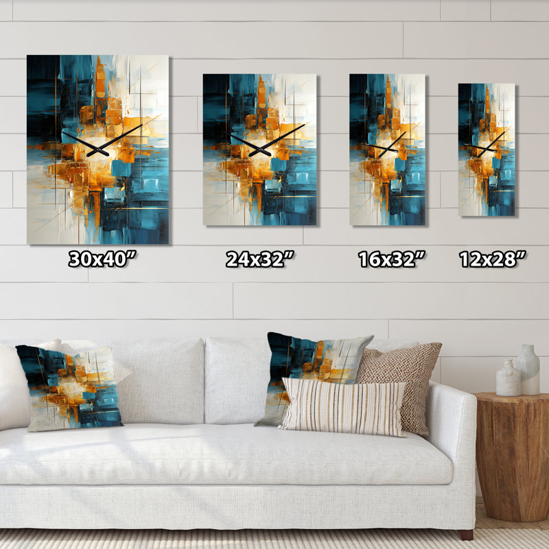 Horloge murale abstraite à motif fractal abstrait bleu sarcelle doré, H 28 po x l 12 po x P 1 po