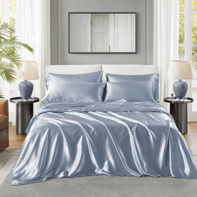 Twin Satin Bedding - Wrinkle- Fashionable. Fits Up To 16" Mattresses. Has 1 Flat Sheet, Fitted And 4 Pillowcases. Smooth Stylish. . Blue Sheet Elegance. Consists Of Silky Fabric.
