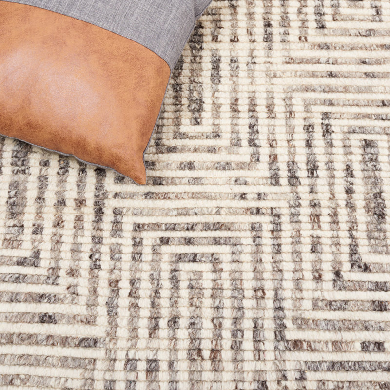 Tapis ivoire / gris en laine / coton noué à la main Adan, Rectangle 5 pi x 8 pi