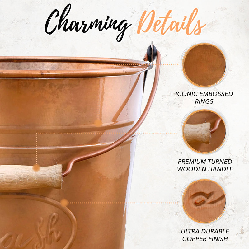 Copper Galvanized Farmhouse Trash Can with Wooden Handle