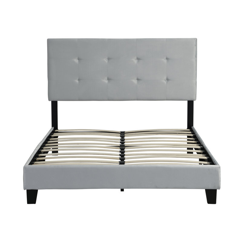 Structure de lit plateforme tapissier en taille double, gris avec tête de lit, support à lattes de bois, sommier, assemblage facile, pas de sommier tapissier, taille limite de poids de 600 lb, ressort stable requis, 77,9 po