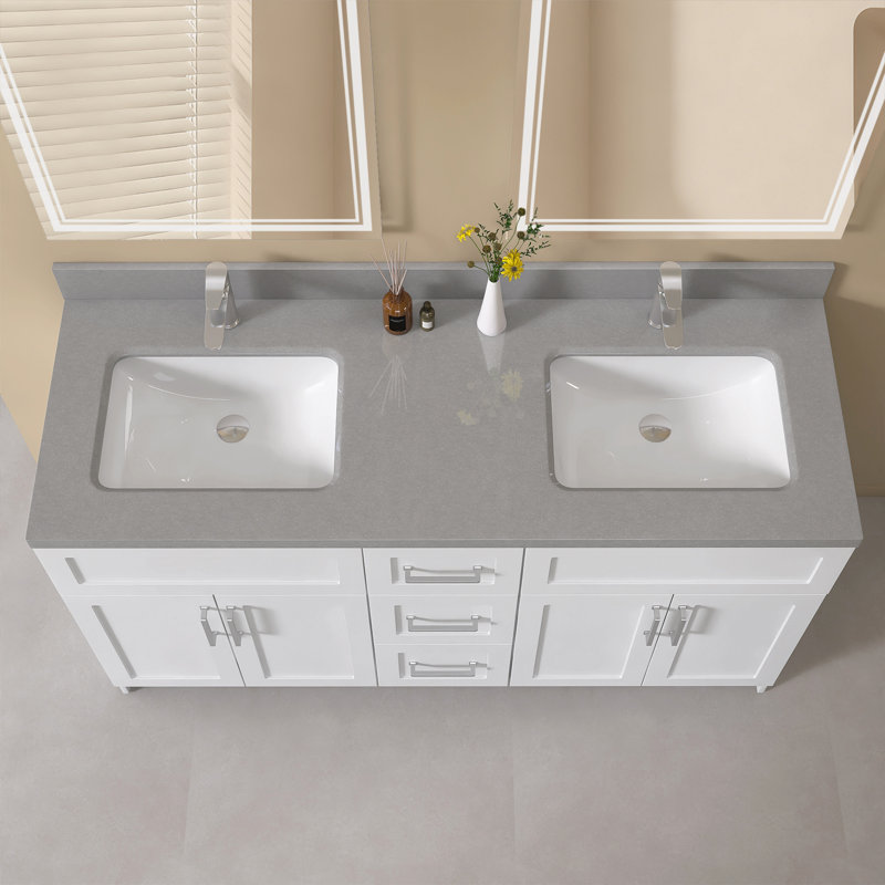 Évier intégré de meuble-lavabo double en pierre d'ingénierie l 60 po x P 22 po avec dosseret gris moucheté 4 po