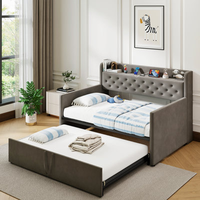 Queen Size Upholstered Daybed with Trundle, Tufted Linen Bed Frame with 2 Matresses and USB Charging Station, Pull-Out Trundle Guest Bed Frame, Wooden Slat Support , Gray