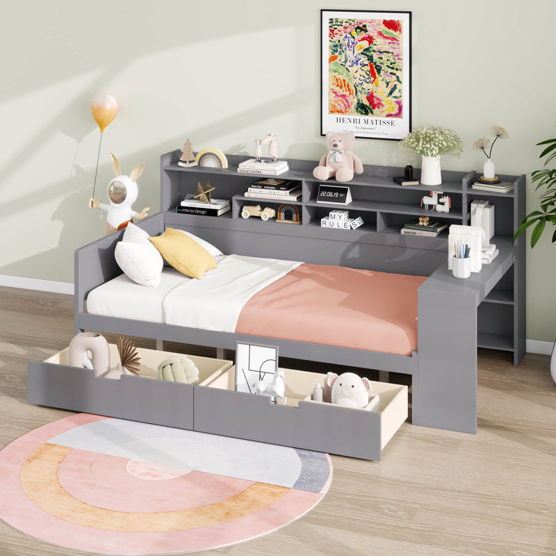 Lit de jour en bois avec tablettes de rangement, bureau intégré, deux tiroirs de rangement sous le lit, lit multifonctionnel
