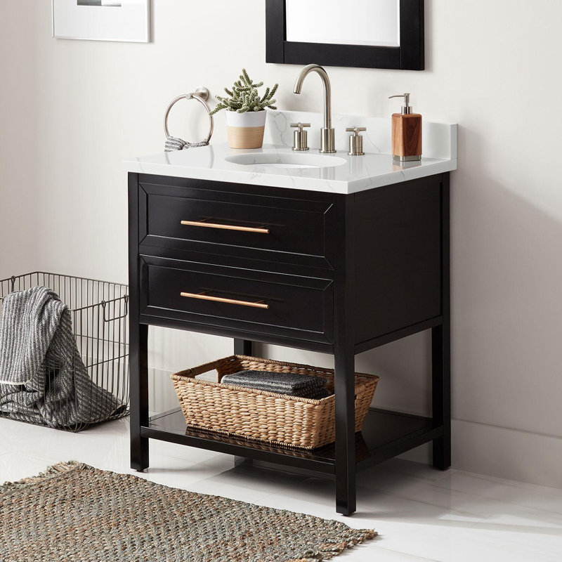 Ensemble de meuble-lavabo simple 30 po avec lavabo encastrable ovale Robertson, Quartz blanc plume, Noir, 8 po